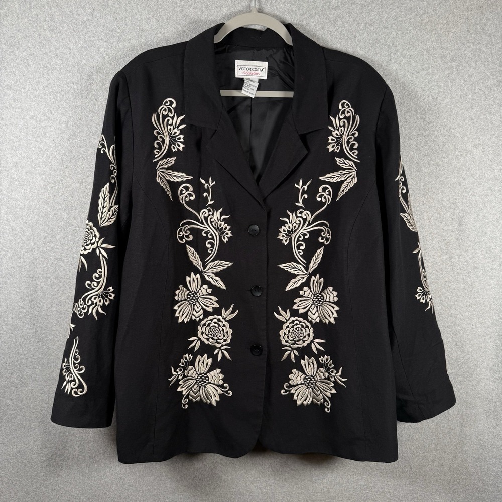 Victor costa occasions jacket womens 2X blsck embroidered blazer style vintage